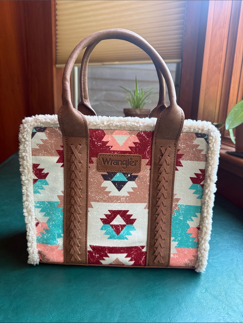 Wrangler Multicolor Aztec Sherpa-Trim Tote with Brown Handles